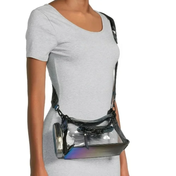 Madden NYC Denim Iridescent Clear Hobo Crossbody w Chain Bag Set 9x6.5x4 - Picture 4 of 4